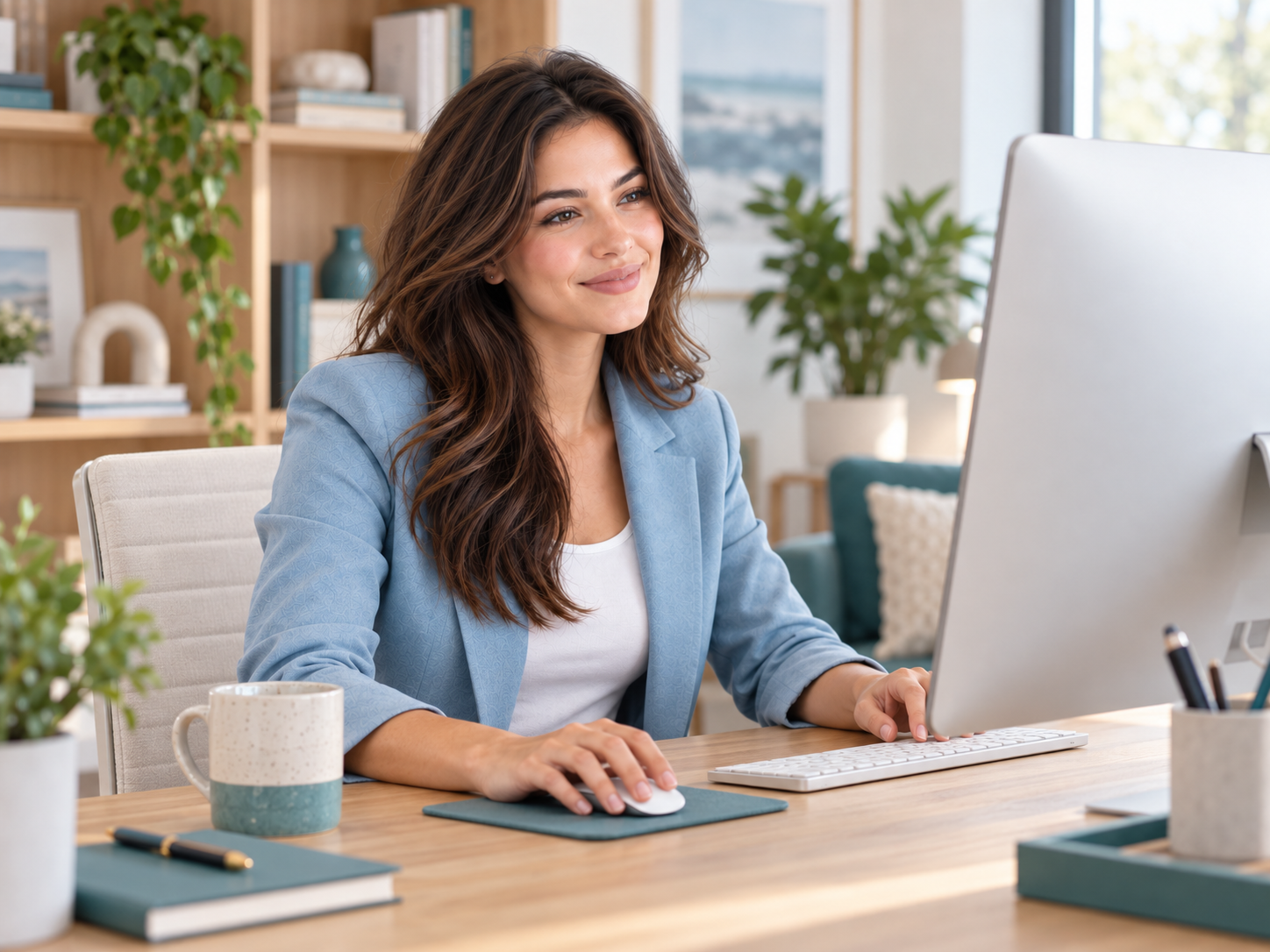 IvaDesk’s illustrated assistant working at a desktop computer in a bright, welcoming office