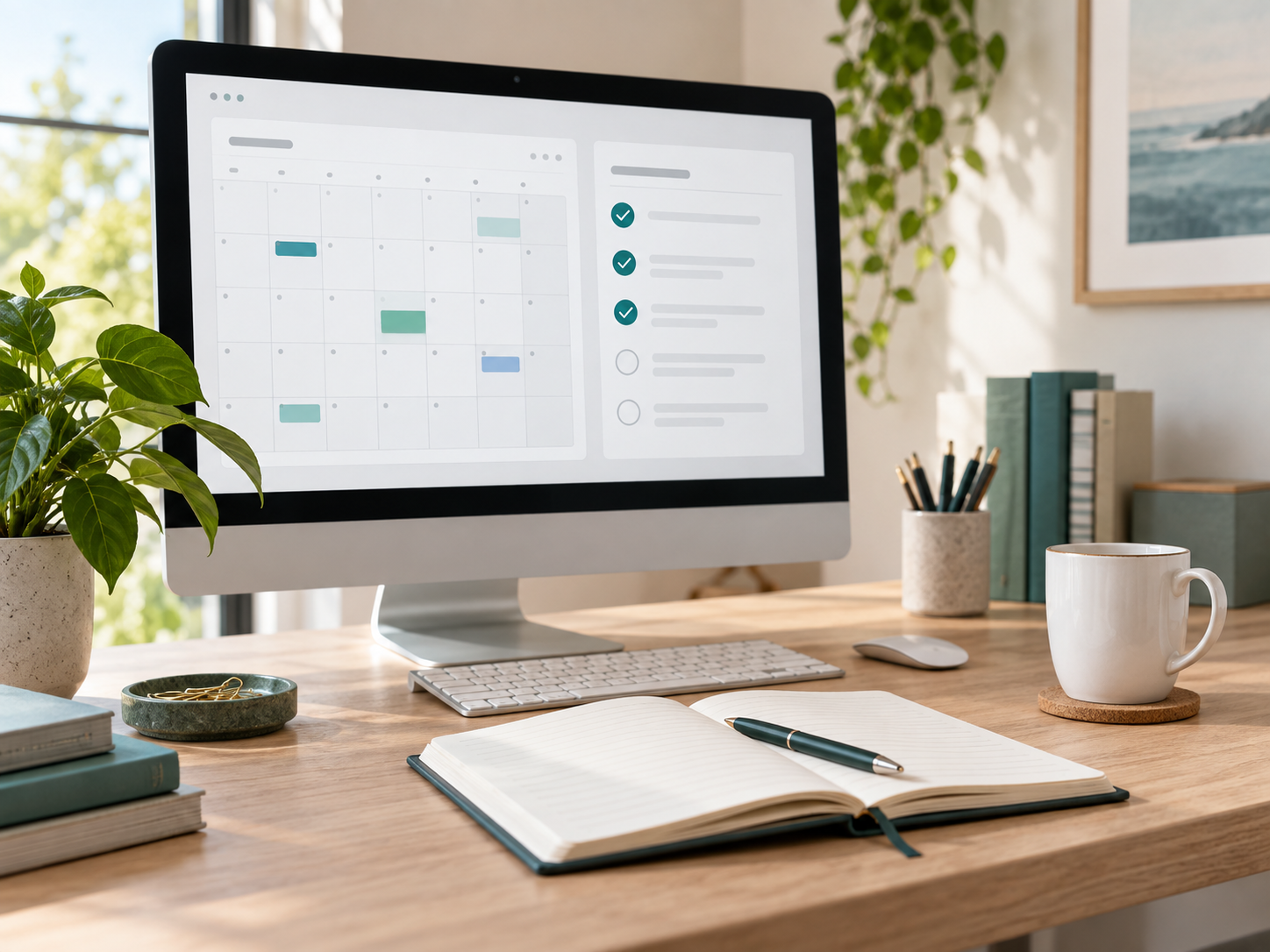 An organized desk with a calendar and task checklist on a monitor, an open notebook, and a cup of coffee