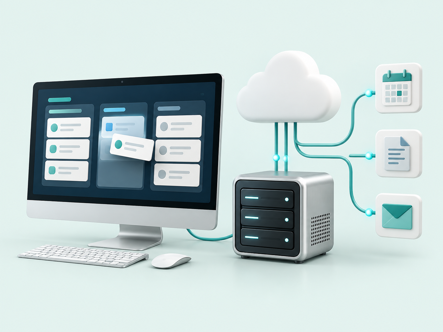 Illustration of a desktop workspace and dedicated AI server connected to cloud, calendar, document, and email tools